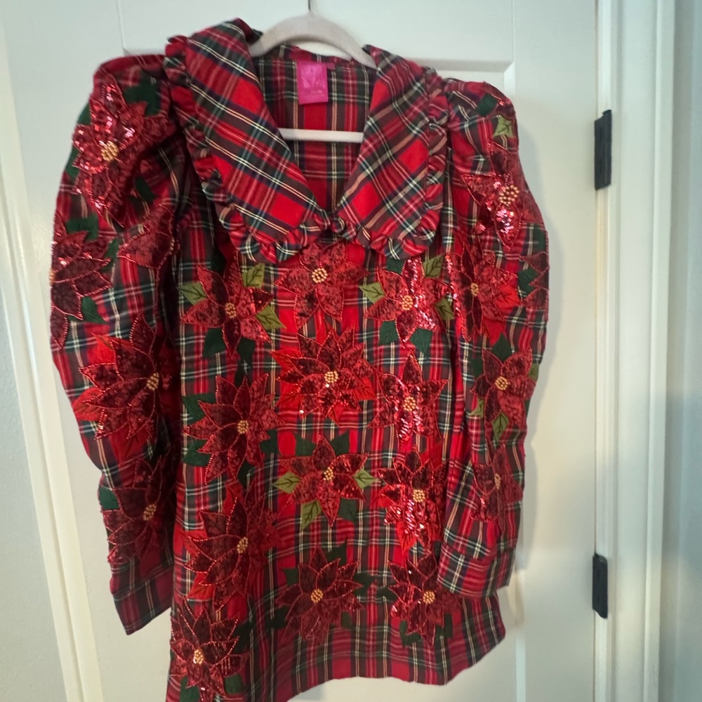 QUEEN OF SPARKLES Red and Green Plaid Sequin Poinsettia Mini Dress